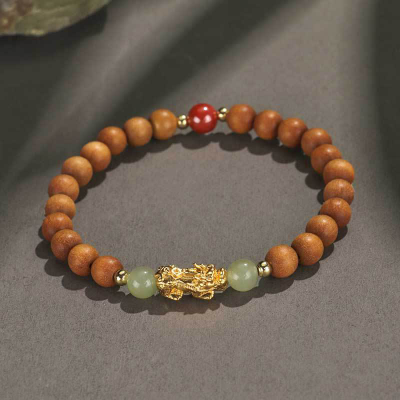 Buddha Stones 999 Srebro Sterlingowe Drewno Sandałowe Drewno Hebanowe Mały Liść Czerwony Sandałowiec Hetian Jade Cynober Bransoletka PiXiu Wealth