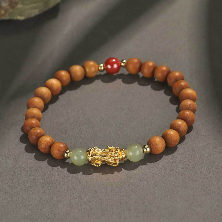 Buddha Stones 999 Srebro Sterlingowe Drewno Sandałowe Drewno Hebanowe Mały Liść Czerwony Sandałowiec Hetian Jade Cynober Bransoletka PiXiu Wealth