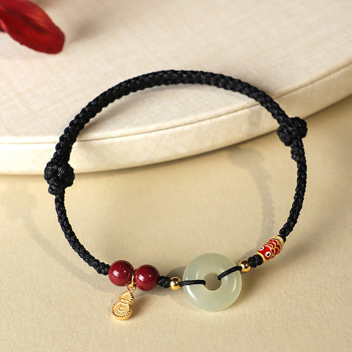 Buddha Stones Czerwony Sznurek Czarny Sznurek Hetian Jade Peace Buckle Cinnabar 925 Srebrna Bransoletka Ochronna