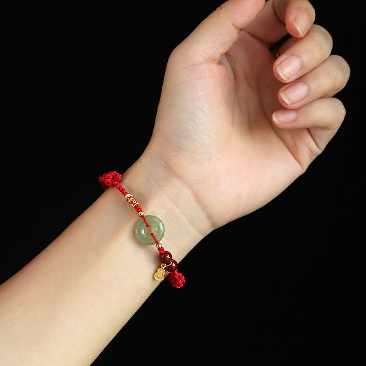Buddha Stones Czerwony Sznurek Czarny Sznurek Hetian Jade Peace Buckle Cinnabar 925 Srebrna Bransoletka Ochronna