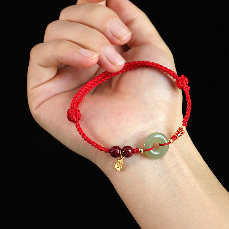 Buddha Stones Czerwony Sznurek Czarny Sznurek Hetian Jade Peace Buckle Cinnabar 925 Srebrna Bransoletka Ochronna