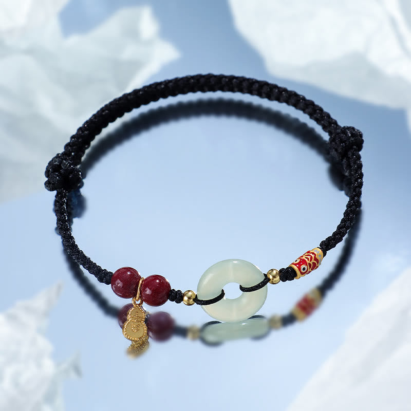 Buddha Stones Czerwony Sznurek Czarny Sznurek Hetian Jade Peace Buckle Cinnabar 925 Srebrna Bransoletka Ochronna