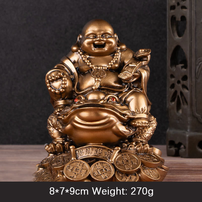 Buddha Stones Śmiejący się Budda Feng Shui Żaba Ropucha Miedziane Monety Przyciągają Bogactwo Żywica Statua Dekoracja Domu - Brązowy Budda - Średni 8*7*9cm - image 12