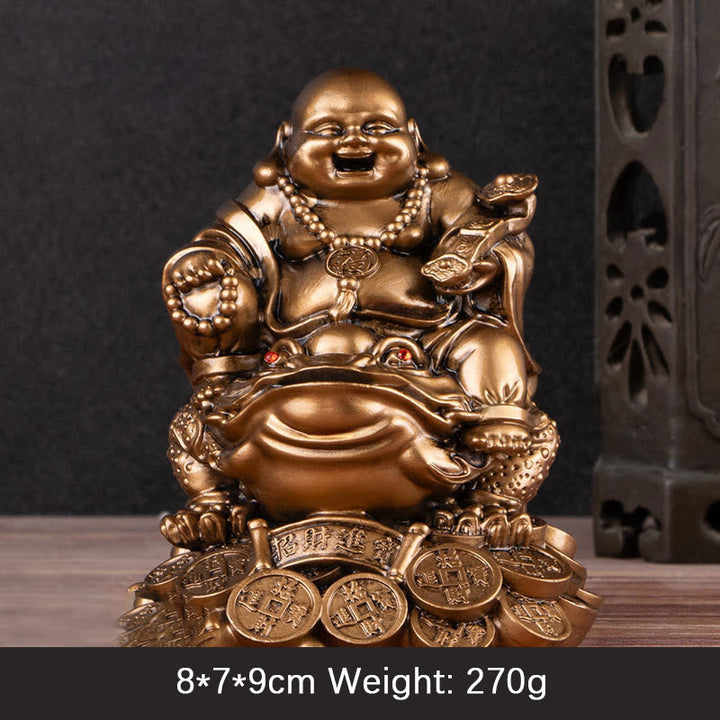 Buddha Stones Śmiejący się Budda Feng Shui Żaba Ropucha Miedziane Monety Przyciągają Bogactwo Żywica Statua Dekoracja Domu - Brązowy Budda - Średni 8*7*9cm - image 12