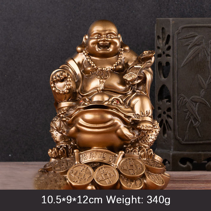 Buddha Stones Śmiejący się Budda Feng Shui Żaba Ropucha Miedziane Monety Przyciągają Bogactwo Żywica Statua Dekoracja Domu - Brązowy Budda - Duży 10,5*9*12 cm - image 13