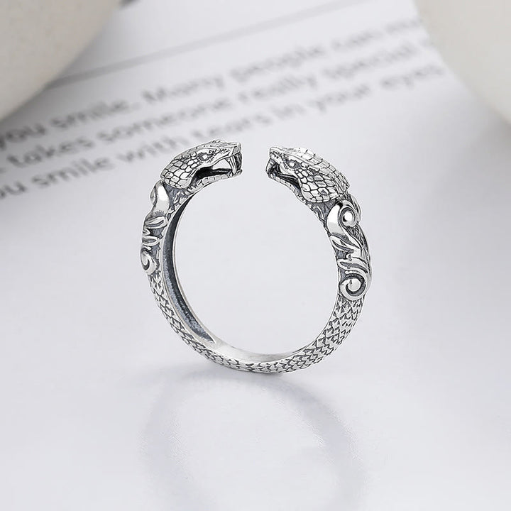 Buddha Stones 925 Srebro Sterling Rok Węża Spokojny Regulowany Dwugłowy Wąż Otwarty Pierścień