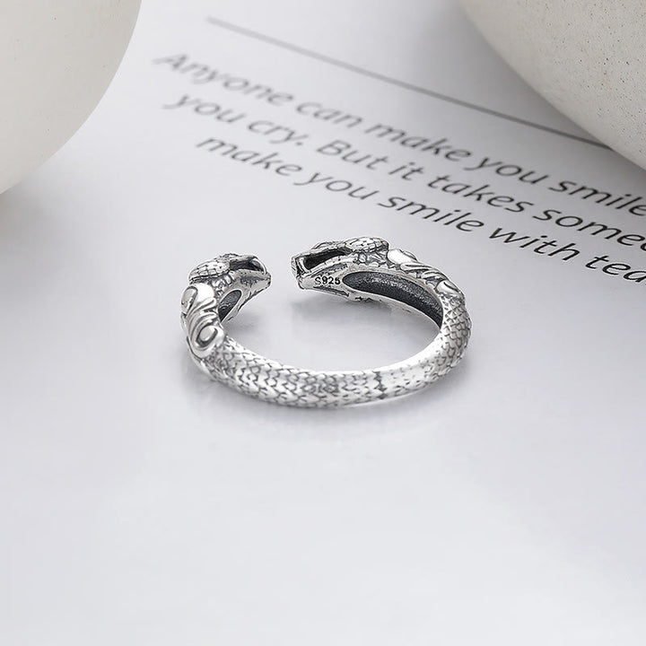 Buddha Stones 925 Srebro Sterling Rok Węża Spokojny Regulowany Dwugłowy Wąż Otwarty Pierścień