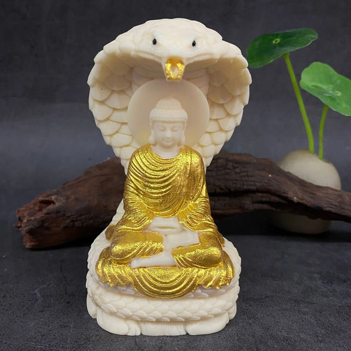 Buddha Stones Tathagata Siakjamuni Wąż Lotos Kość Słoniowa Owoc Medytacja Statua Spokój Dekoracja Domu - Złoty Budda - Duży 16*9*7cm - image 6
