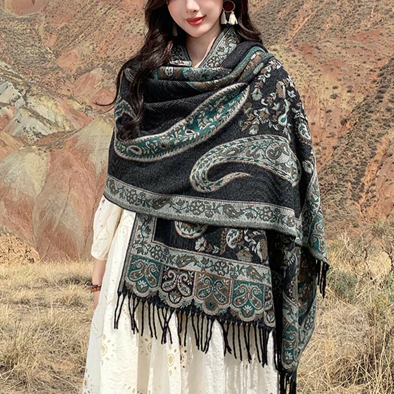 Buddha Stones Tybetański Kwiat Nerkowca Chwost Szal Jesień Zima Przytulny Podróżny Szalik Otulacz - DarkSeaGreen - 180*65 cm - image 0