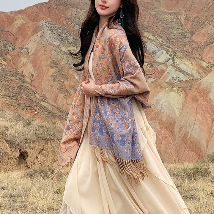 Buddha Stones Tybetański Kwiat Nerkowca Chwost Szal Jesień Zima Przytulny Podróżny Szalik Otulacz - Khaki - 180*65 cm - image 30