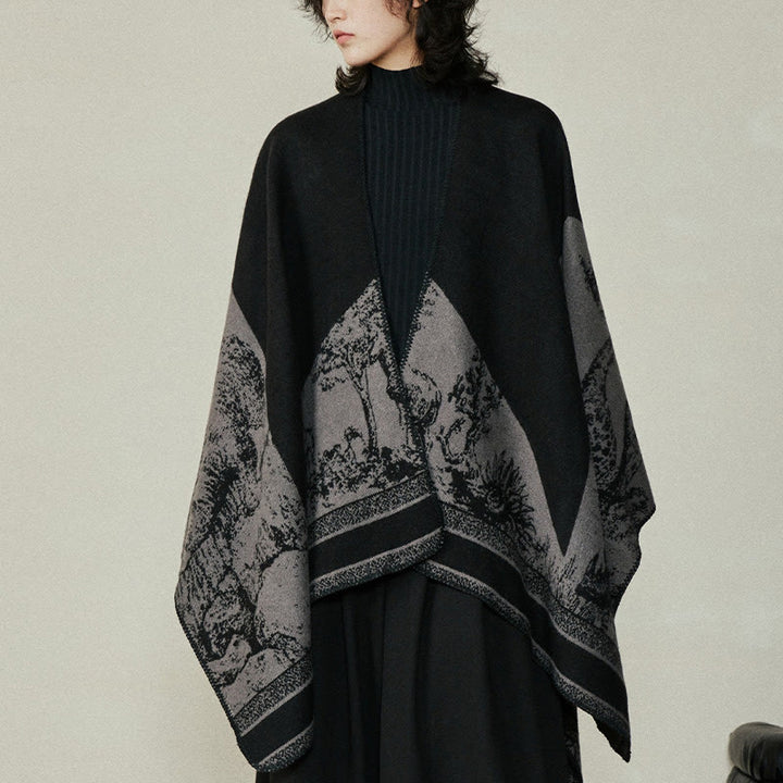 Buddha Stones Czarny Szary Jeleń Sika Zwierzę Las Dwustronny Szal Jesień Zima Ciepły Szalik Otulacz - Czarny 133*158cm - image 0