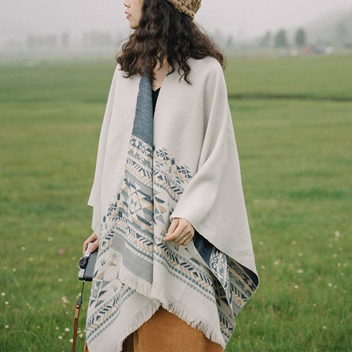Buddha Stones Tybetańskie Beżowe Geometryczne Wzory Chwostów Szal Jesień Zima Ciepły Szalik Otulacz - Beżowy 135-175 cm - image 0