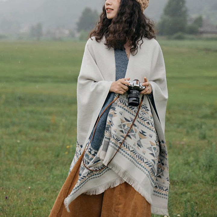 Buddha Stones Tybetańskie Beżowe Geometryczne Wzory Chwostów Szal Jesień Zima Ciepły Szalik Otulacz - image 1