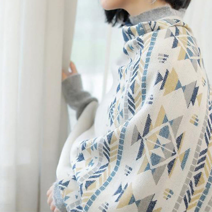 Buddha Stones Tybetańskie Beżowe Geometryczne Wzory Chwostów Szal Jesień Zima Ciepły Szalik Otulacz - image 6