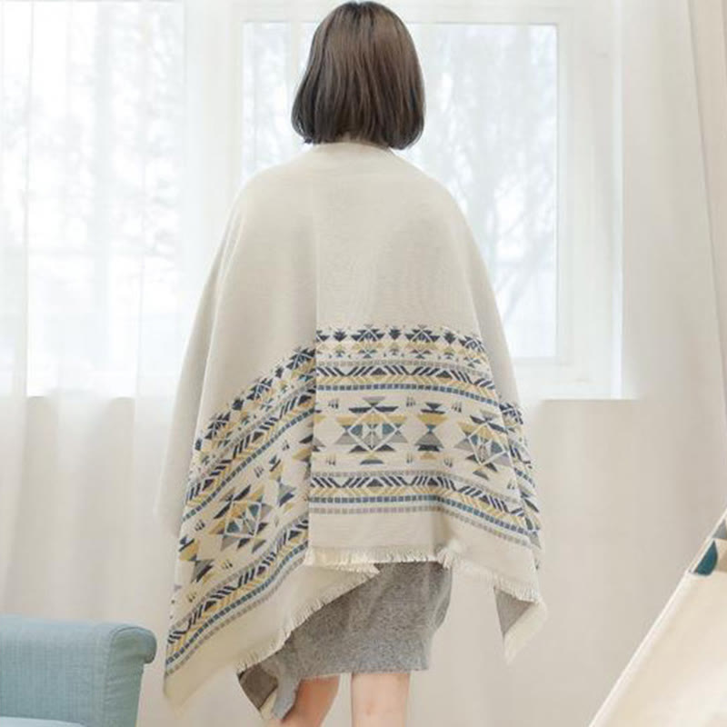 Buddha Stones Tybetańskie Beżowe Geometryczne Wzory Chwostów Szal Jesień Zima Ciepły Szalik Otulacz - image 5