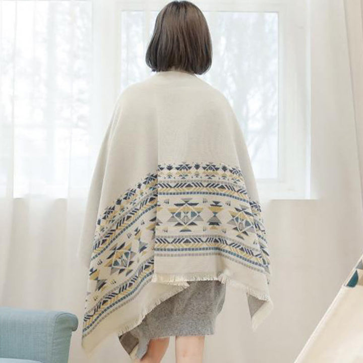 Buddha Stones Tybetańskie Beżowe Geometryczne Wzory Chwostów Szal Jesień Zima Ciepły Szalik Otulacz - image 5