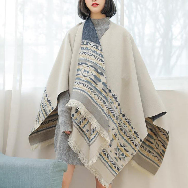Buddha Stones Tybetańskie Beżowe Geometryczne Wzory Chwostów Szal Jesień Zima Ciepły Szalik Otulacz - image 4