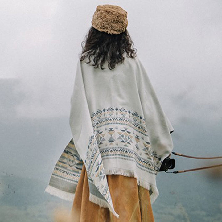 Buddha Stones Tybetańskie Beżowe Geometryczne Wzory Chwostów Szal Jesień Zima Ciepły Szalik Otulacz - image 2
