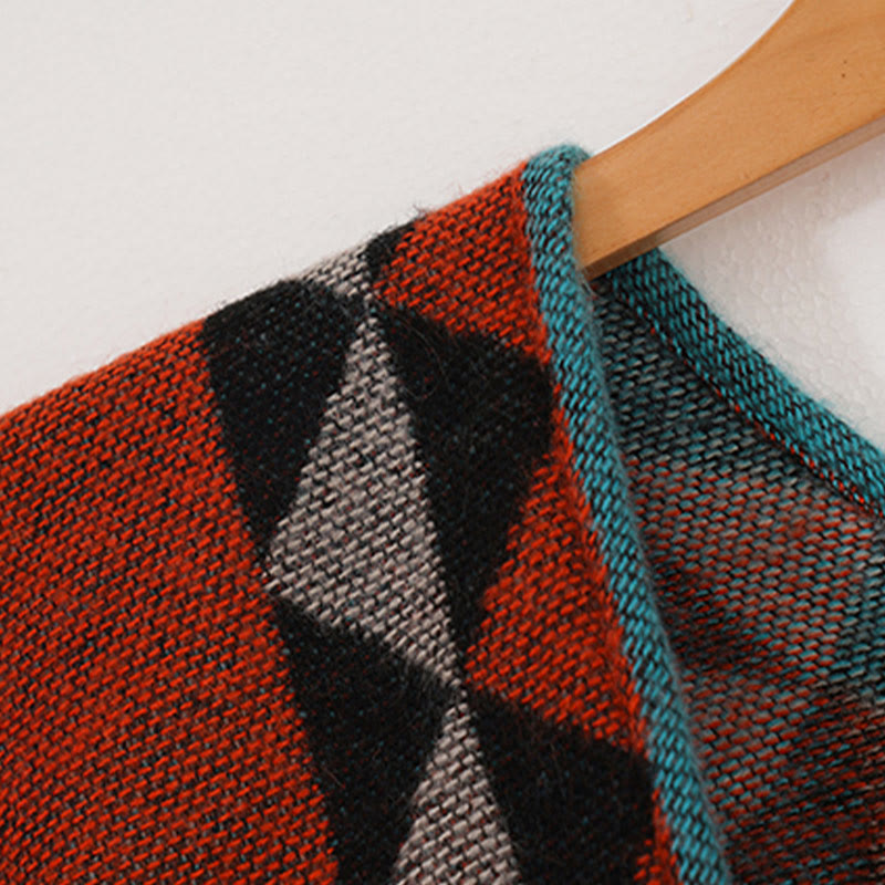 Buddha Stones Tybetańskie Pomarańczowe Geometryczne Romb Wzór Frędzle Szal Jesień Zima Ciepły Szalik Otulacz - image 17