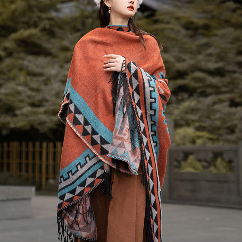 Buddha Stones Tybetańskie Pomarańczowe Geometryczne Romb Wzór Frędzle Szal Jesień Zima Ciepły Szalik Otulacz - image 11