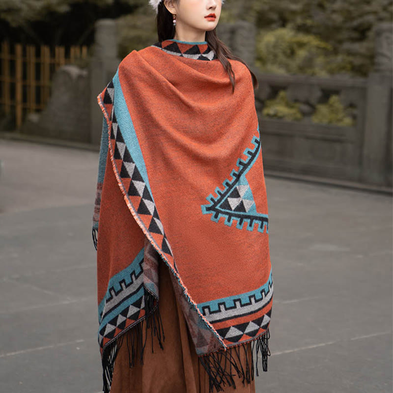 Buddha Stones Tybetańskie Pomarańczowe Geometryczne Romb Wzór Frędzle Szal Jesień Zima Ciepły Szalik Otulacz - image 9