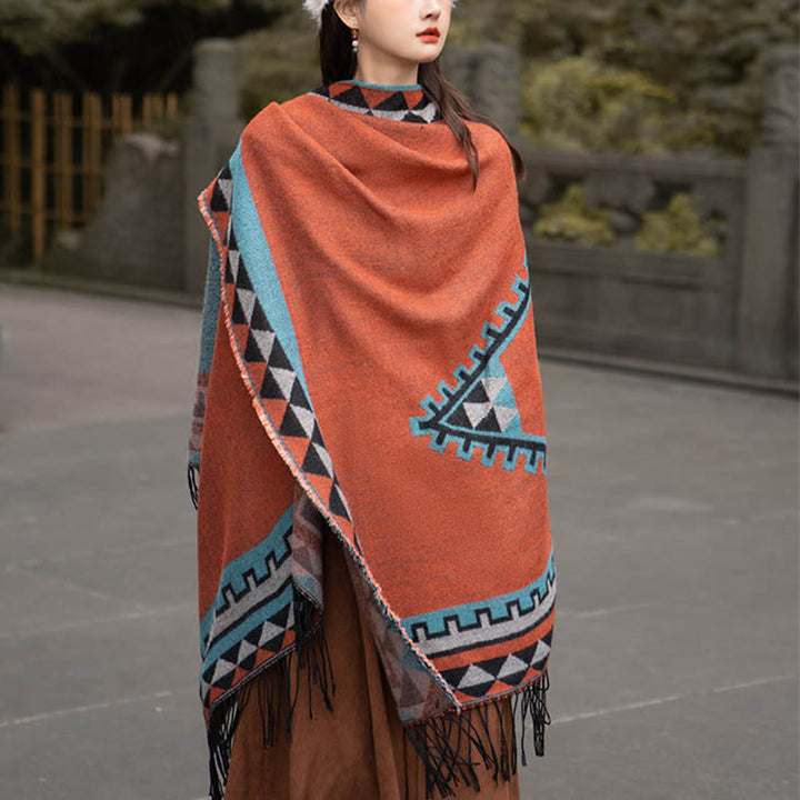 Buddha Stones Tybetańskie Pomarańczowe Geometryczne Romb Wzór Frędzle Szal Jesień Zima Ciepły Szalik Otulacz - image 9