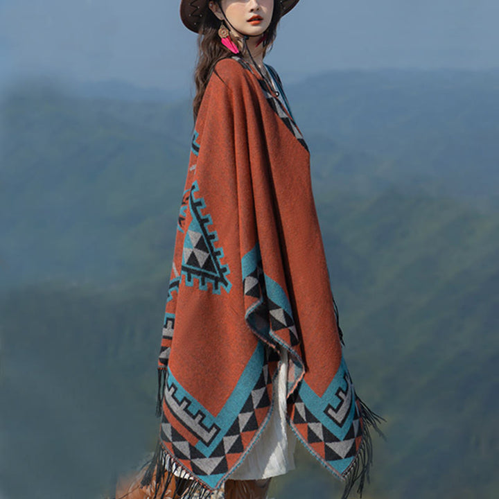 Buddha Stones Tybetańskie Pomarańczowe Geometryczne Romb Wzór Frędzle Szal Jesień Zima Ciepły Szalik Otulacz - image 6