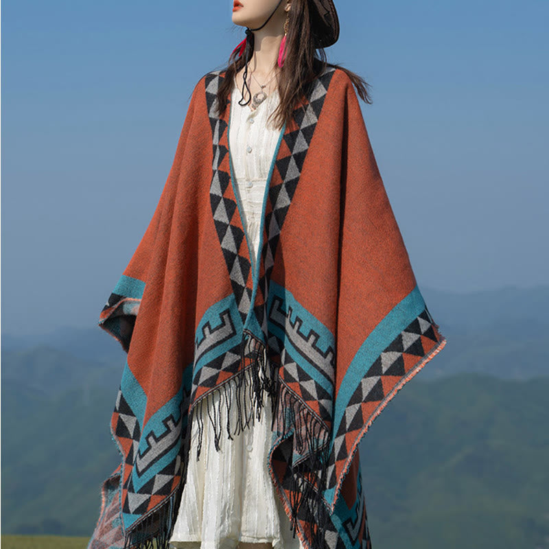 Buddha Stones Tybetańskie Pomarańczowe Geometryczne Romb Wzór Frędzle Szal Jesień Zima Ciepły Szalik Otulacz - image 5