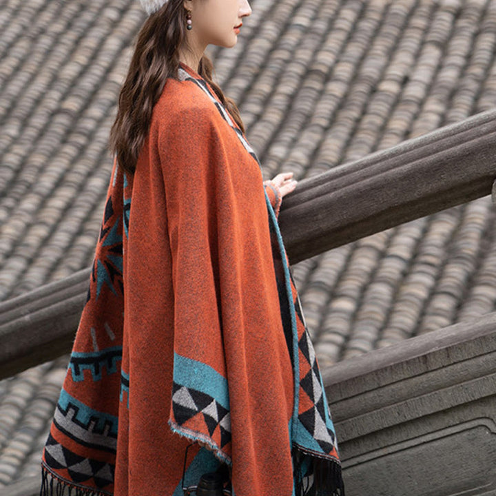 Buddha Stones Tybetańskie Pomarańczowe Geometryczne Romb Wzór Frędzle Szal Jesień Zima Ciepły Szalik Otulacz - image 10