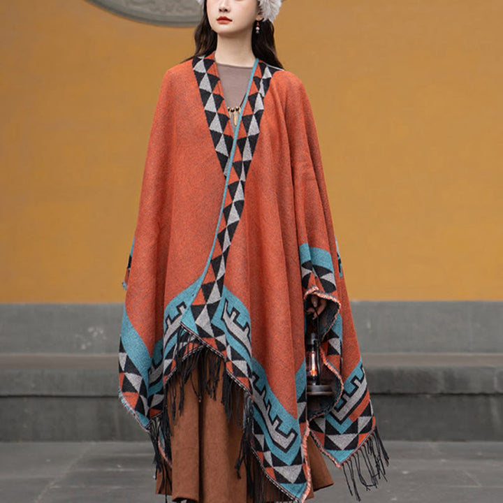 Buddha Stones Tybetańskie Pomarańczowe Geometryczne Romb Wzór Frędzle Szal Jesień Zima Ciepły Szalik Otulacz - image 13