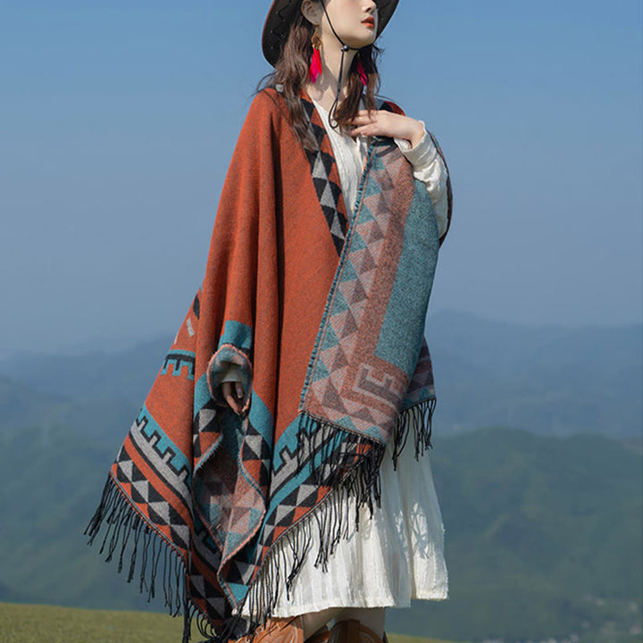Buddha Stones Tybetańskie Pomarańczowe Geometryczne Romb Wzór Frędzle Szal Jesień Zima Ciepły Szalik Otulacz - image 3