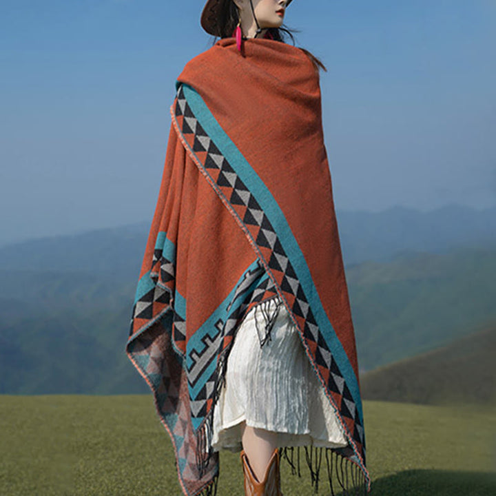 Buddha Stones Tybetańskie Pomarańczowe Geometryczne Romb Wzór Frędzle Szal Jesień Zima Ciepły Szalik Otulacz - image 7