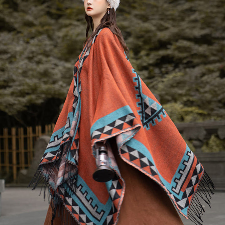 Buddha Stones Tybetańskie Pomarańczowe Geometryczne Romb Wzór Frędzle Szal Jesień Zima Ciepły Szalik Otulacz - image 12