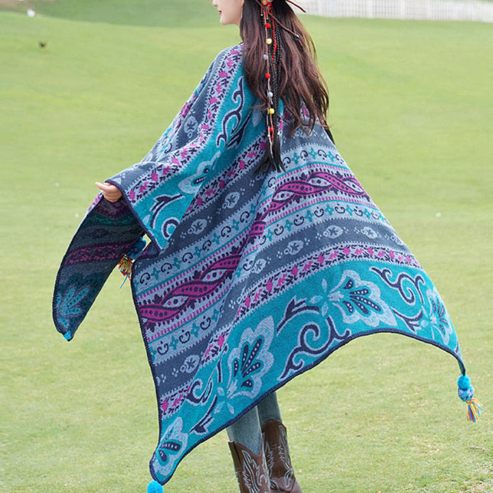 Buddha Stones Tybetańskie Geometryczne Poziome Paski Kwiaty Wzór Szal Jesień Zima Ciepły Miękki Szalik Otulacz - Niebieski 160*135cm - image 0