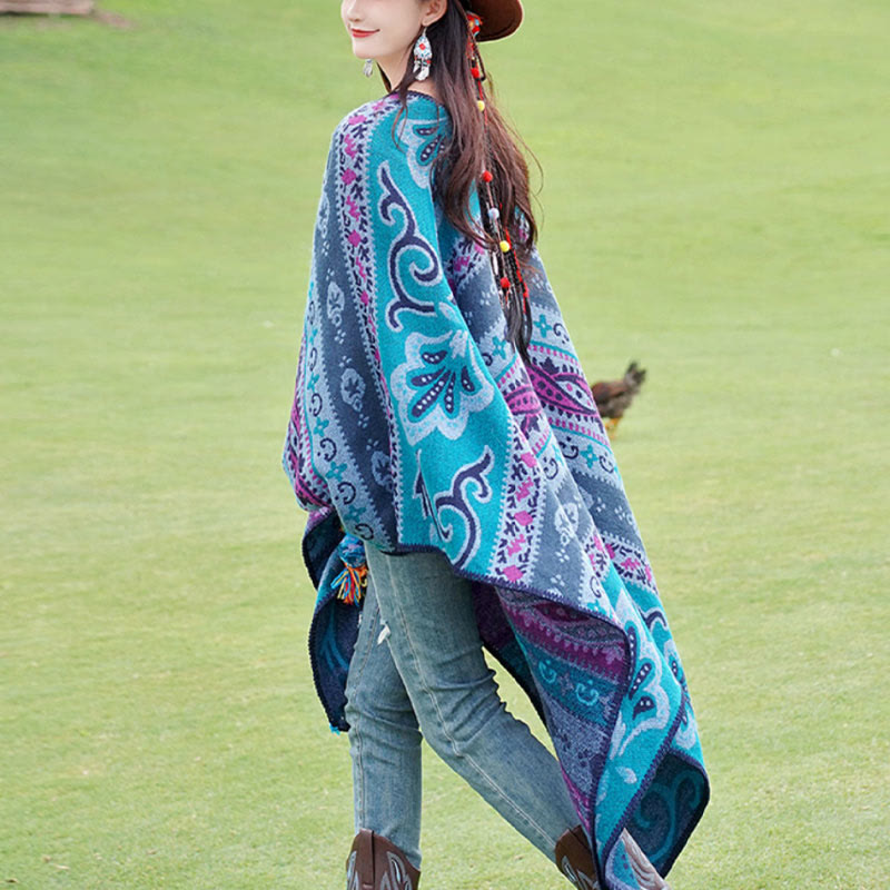 Buddha Stones Tybetańskie Geometryczne Poziome Paski Kwiaty Wzór Szal Jesień Zima Ciepły Miękki Szalik Otulacz - image 2