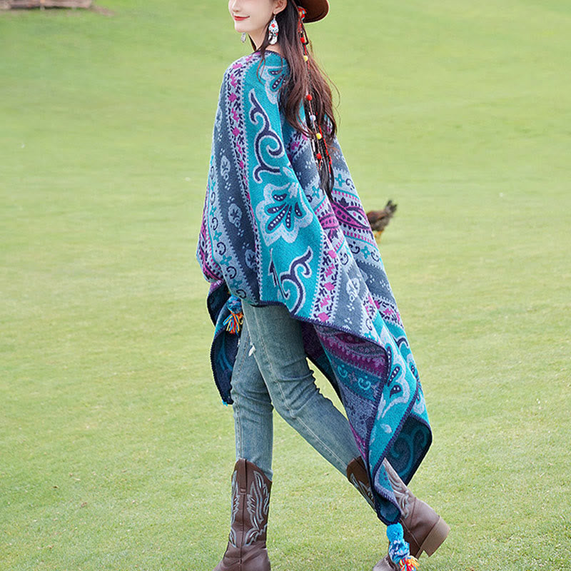 Buddha Stones Tybetańskie Geometryczne Poziome Paski Kwiaty Wzór Szal Jesień Zima Ciepły Miękki Szalik Otulacz - image 10