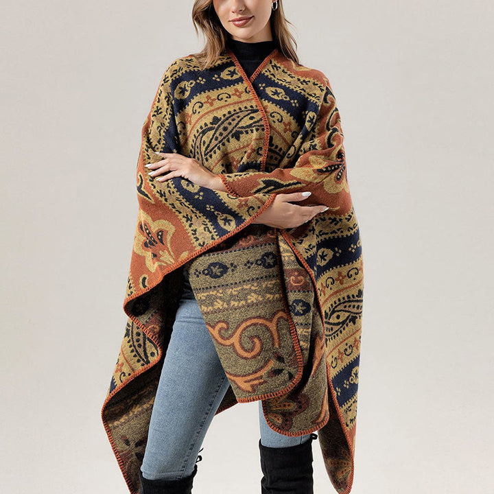 Buddha Stones Tybetańskie Geometryczne Poziome Paski Kwiaty Wzór Szal Jesień Zima Ciepły Miękki Szalik Otulacz - Pomarańczowy Khaki 160*135cm - image 20