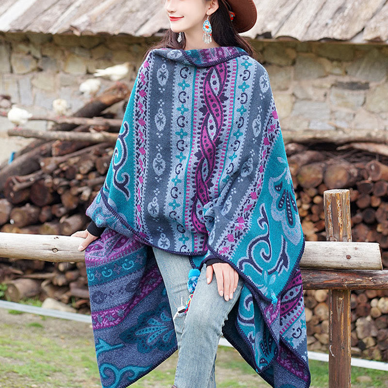 Buddha Stones Tybetańskie Geometryczne Poziome Paski Kwiaty Wzór Szal Jesień Zima Ciepły Miękki Szalik Otulacz - image 4