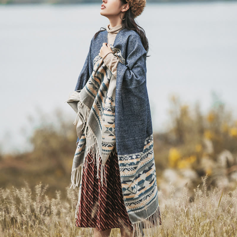 Buddha Stones Tybetański Geometryczny Wzór Rombów Chwosty Szal Jesień Zima Ciepły Przytulny Szalik Otulacz - image 6