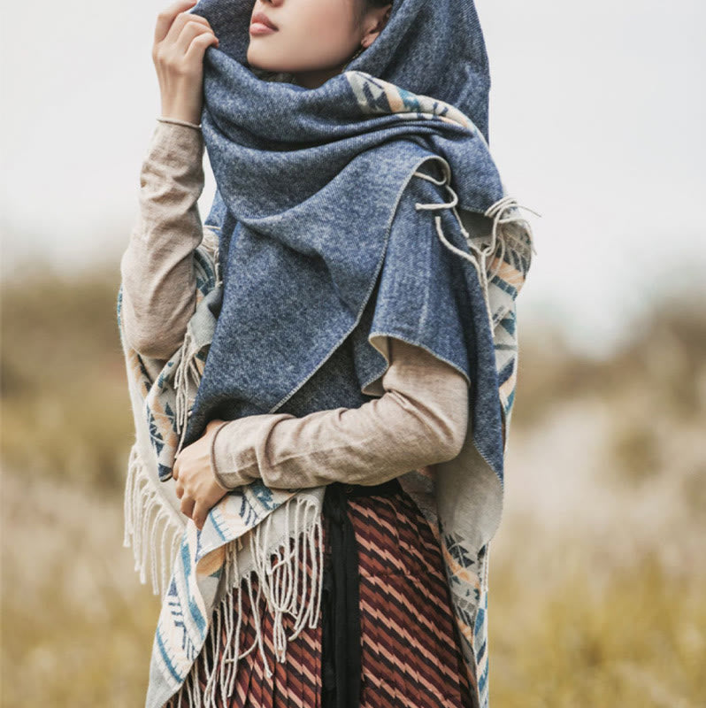 Buddha Stones Tybetański Geometryczny Wzór Rombów Chwosty Szal Jesień Zima Ciepły Przytulny Szalik Otulacz - image 10