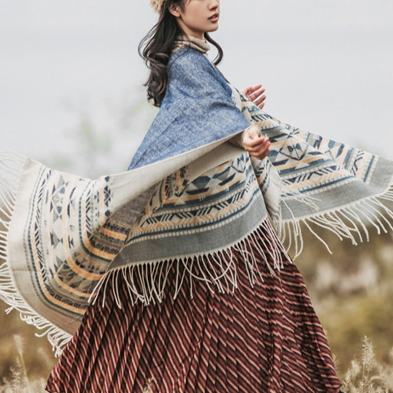 Buddha Stones Tybetański Geometryczny Wzór Rombów Chwosty Szal Jesień Zima Ciepły Przytulny Szalik Otulacz - image 8