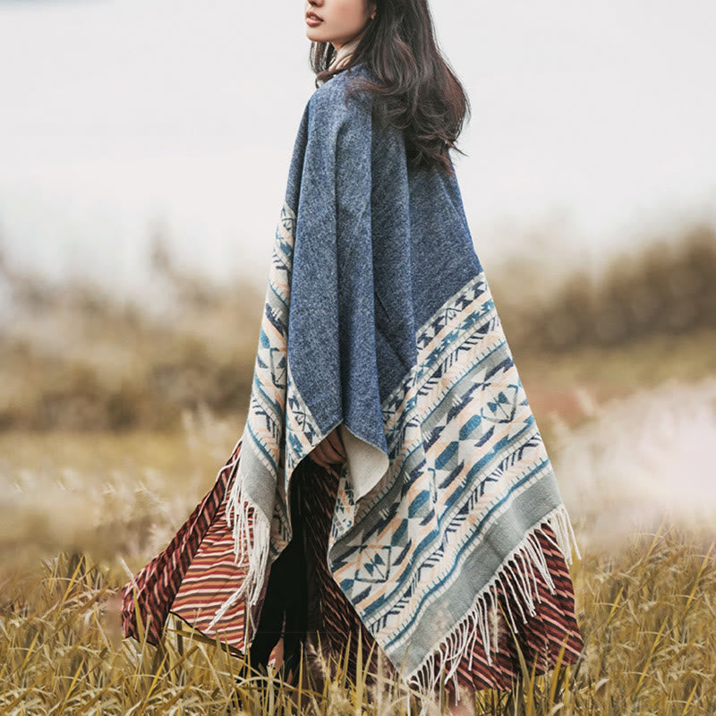 Buddha Stones Tybetański Geometryczny Wzór Rombów Chwosty Szal Jesień Zima Ciepły Przytulny Szalik Otulacz - image 4