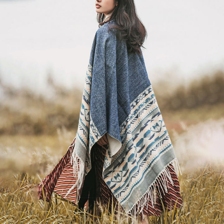 Buddha Stones Tybetański Geometryczny Wzór Rombów Chwosty Szal Jesień Zima Ciepły Przytulny Szalik Otulacz - image 4