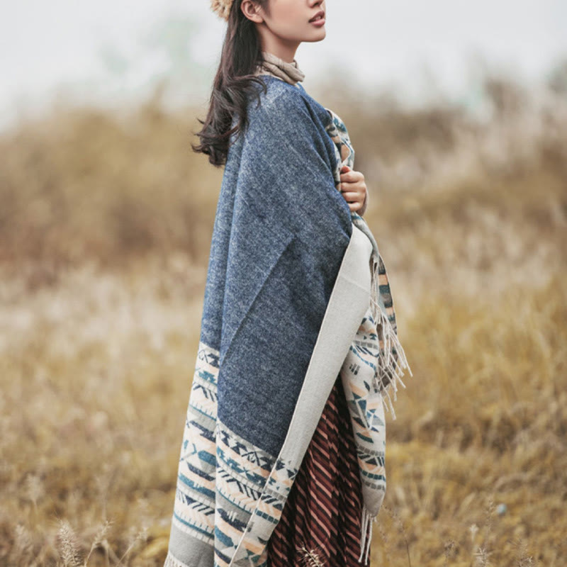 Buddha Stones Tybetański Geometryczny Wzór Rombów Chwosty Szal Jesień Zima Ciepły Przytulny Szalik Otulacz - image 5