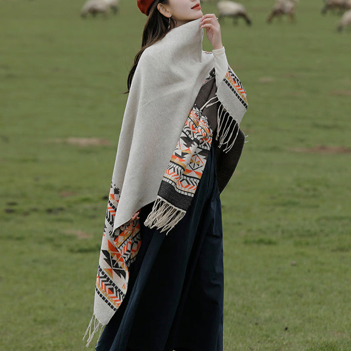 Buddha Stones Tybetański Geometryczny Wzór Rombów Chwosty Szal Jesień Zima Ciepły Przytulny Szalik Otulacz - image 20