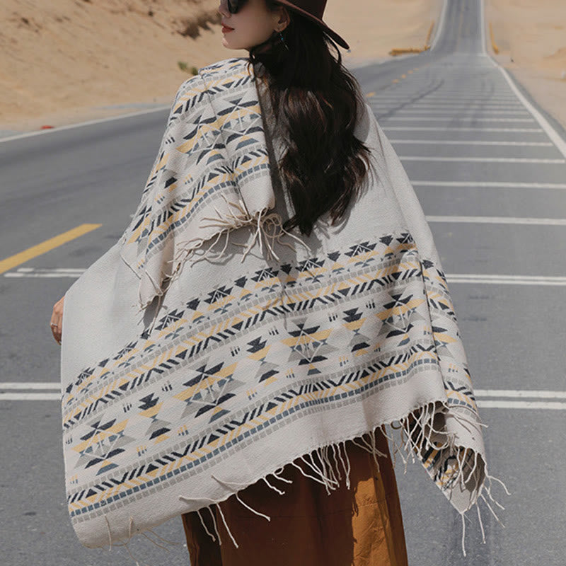 Buddha Stones Tybetański Geometryczny Wzór Rombów Chwosty Szal Jesień Zima Ciepły Przytulny Szalik Otulacz - image 16