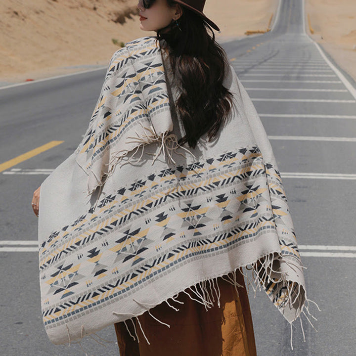 Buddha Stones Tybetański Geometryczny Wzór Rombów Chwosty Szal Jesień Zima Ciepły Przytulny Szalik Otulacz - image 16