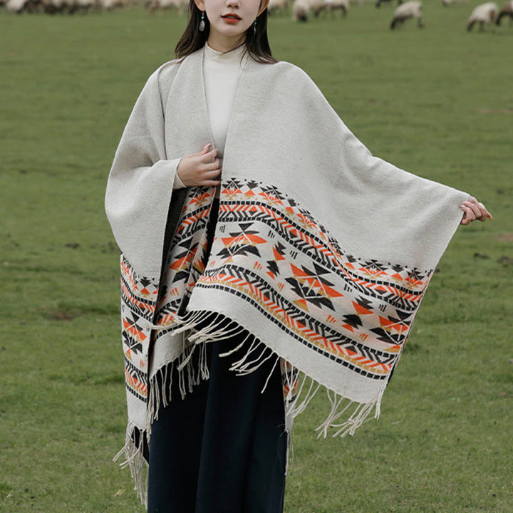 Buddha Stones Tybetański Geometryczny Wzór Rombów Chwosty Szal Jesień Zima Ciepły Przytulny Szalik Otulacz - image 18