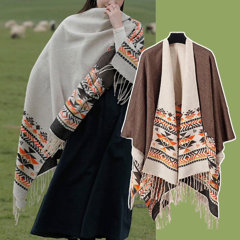 Buddha Stones Tybetański Geometryczny Wzór Rombów Chwosty Szal Jesień Zima Ciepły Przytulny Szalik Otulacz - image 22