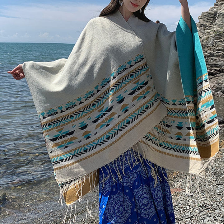 Buddha Stones Tybetański Geometryczny Wzór Rombów Chwosty Szal Jesień Zima Ciepły Przytulny Szalik Otulacz - image 27